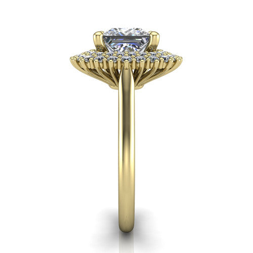 Camila princess halo engagement ring in 18K Yellow Gold with cushion-shaped double halo, side profile showing the plain cathedral band and raised double halo