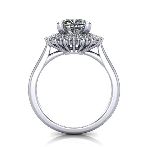Camila cushion halo engagement ring in Platinum with cushion-shaped double halo, through-finger front profile