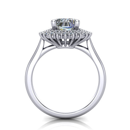 Camila emerald halo engagement ring in Platinum with cushion-shaped double halo, through-finger front profile
