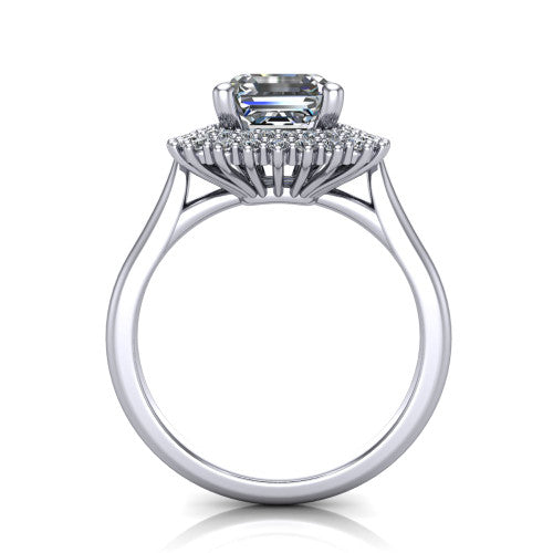 Camila asscher halo engagement ring in Platinum with cushion-shaped double halo, through-finger front profile
