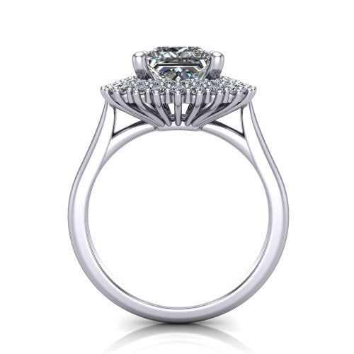 Camila princess halo engagement ring in Platinum with cushion-shaped double halo, through-finger front profile