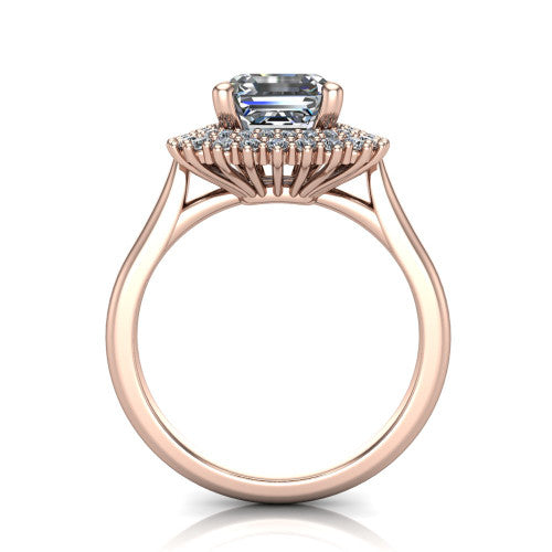 Camila asscher halo engagement ring in 14K Rose Gold with cushion-shaped double halo, through-finger front profile