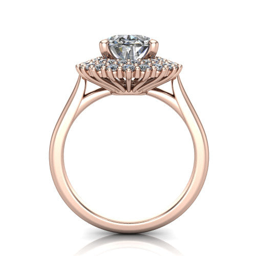 Camila oval halo engagement ring in 18K Rose Gold with cushion-shaped double halo, through-finger front profile