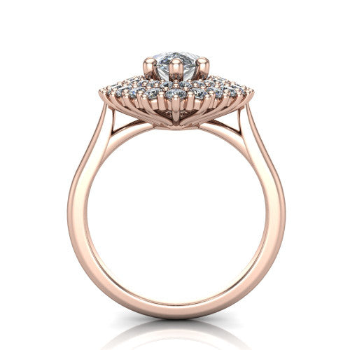 Camila pear halo engagement ring in 18K Rose Gold with cushion-shaped double halo, through-finger front profile