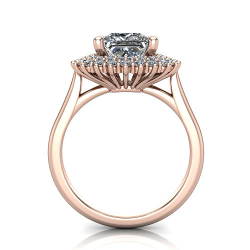 Camila princess halo engagement ring in 14K Rose Gold with cushion-shaped double halo, through-finger front profile