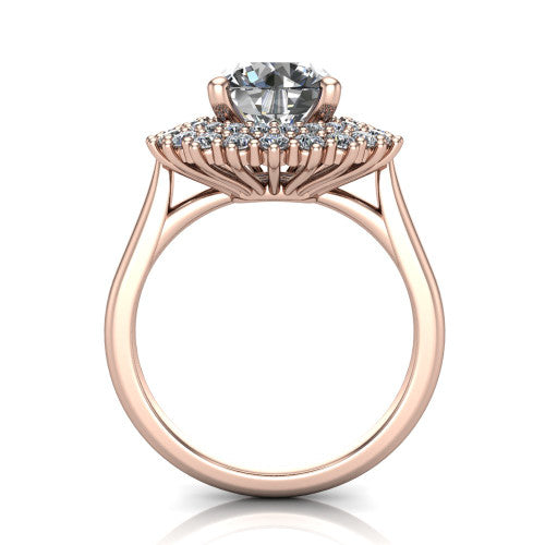 Camila round halo engagement ring in 18K Rose Gold with cushion-shaped double halo, through-finger front profile