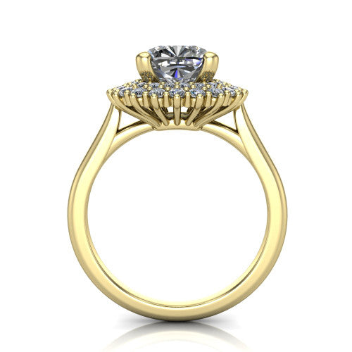 Camila cushion halo engagement ring in 18K Yellow Gold with cushion-shaped double halo, through-finger front profile