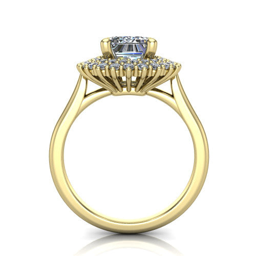Camila emerald halo engagement ring in 18K Yellow Gold with cushion-shaped double halo, through-finger front profile