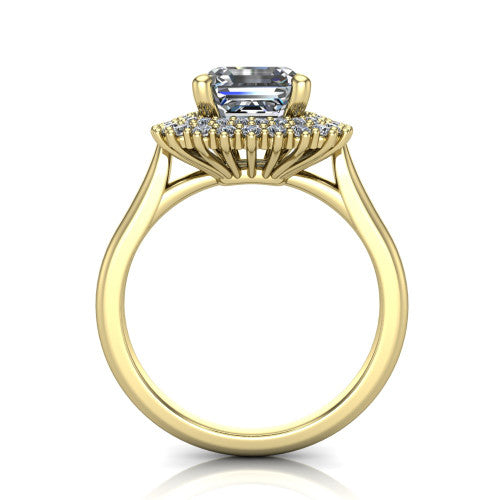 Camila asscher halo engagement ring in 14K Yellow Gold with cushion-shaped double halo, through-finger front profile