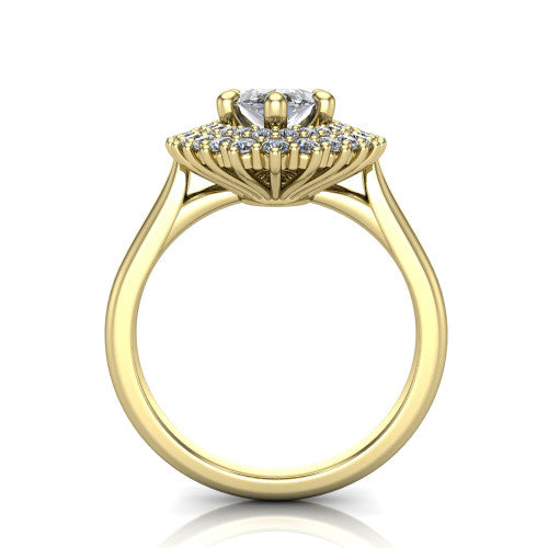 Camila marquise halo engagement ring in 14K Yellow Gold with cushion-shaped double halo, through-finger front profile