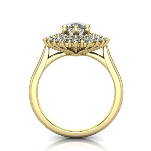 Camila pear halo engagement ring in 14K Yellow Gold with cushion-shaped double halo, through-finger front profile