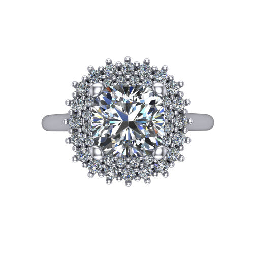 Camila cushion halo engagement ring in 14K White Gold with cushion-shaped double halo, top-down view of the cushion-shaped double halo
