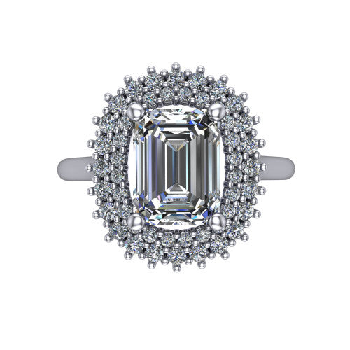 Camila emerald halo engagement ring in 14K White Gold with cushion-shaped double halo, top-down view of the cushion-shaped double halo