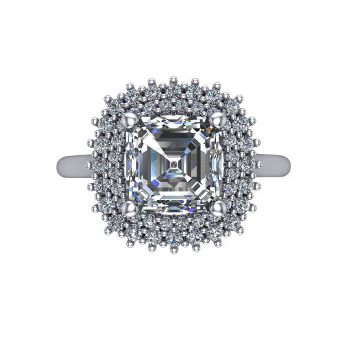 Camila asscher halo engagement ring in 18K White Gold with cushion-shaped double halo, top-down view of the cushion-shaped double halo
