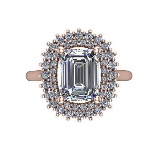 Camila emerald halo engagement ring in 14K Rose Gold with cushion-shaped double halo, top-down view of the cushion-shaped double halo