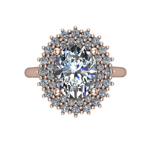 Camila oval halo engagement ring in 14K Rose Gold with cushion-shaped double halo, top-down view of the cushion-shaped double halo