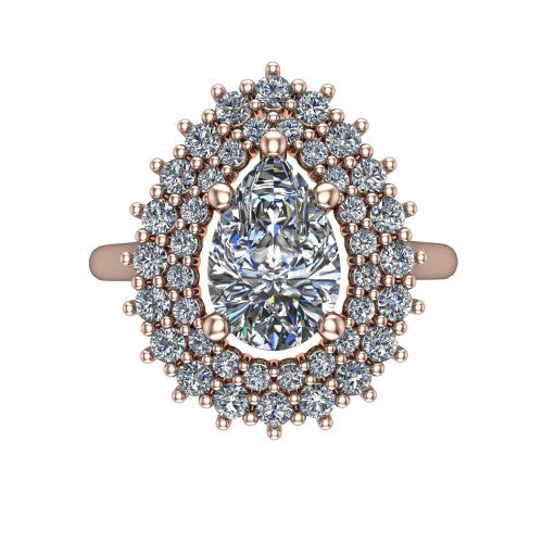 Camila pear halo engagement ring in 14K Rose Gold with cushion-shaped double halo, top-down view of the cushion-shaped double halo