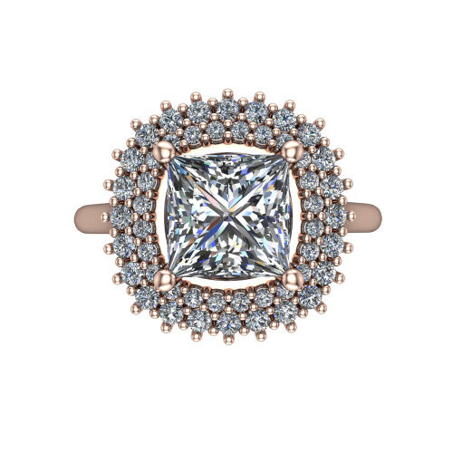 Camila princess halo engagement ring in 14K Rose Gold with cushion-shaped double halo, top-down view of the cushion-shaped double halo