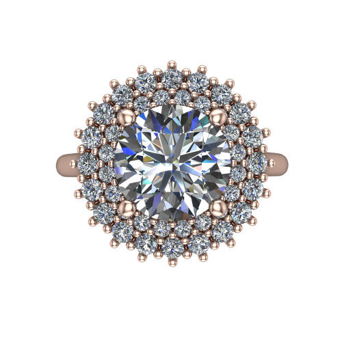 Camila round halo engagement ring in 18K Rose Gold with cushion-shaped double halo, top-down view of the cushion-shaped double halo