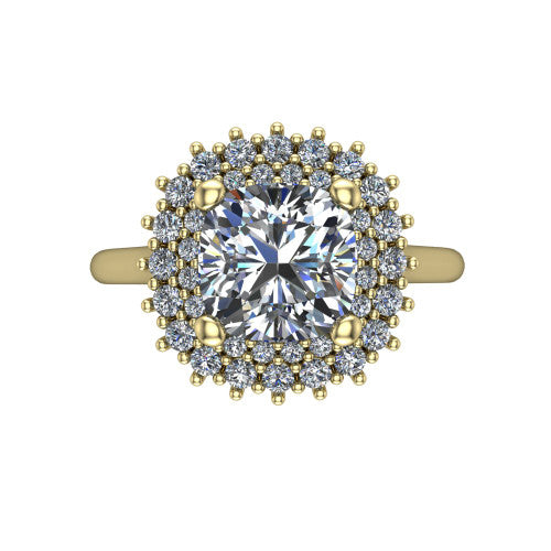 Camila cushion halo engagement ring in 18K Yellow Gold with cushion-shaped double halo, top-down view of the cushion-shaped double halo