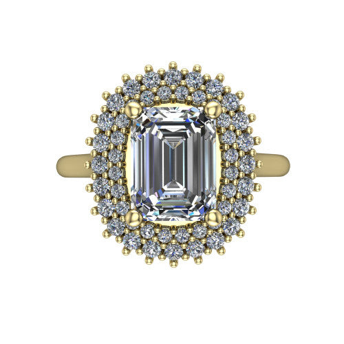 Camila emerald halo engagement ring in 14K Yellow Gold with cushion-shaped double halo, top-down view of the cushion-shaped double halo