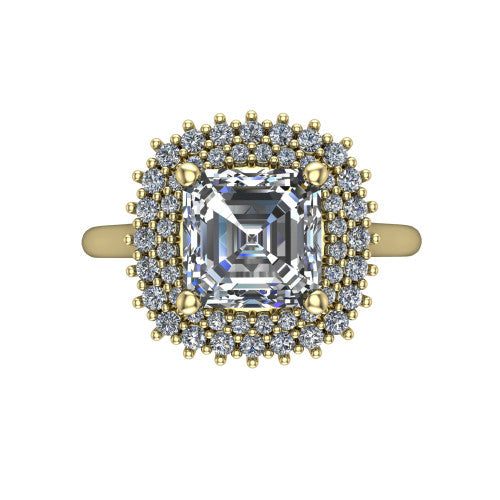 Camila asscher halo engagement ring in 14K Yellow Gold with cushion-shaped double halo, top-down view of the cushion-shaped double halo