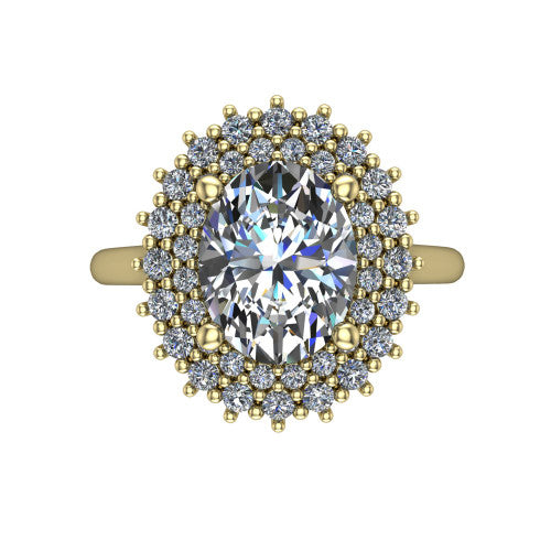 Camila oval halo engagement ring in 14K Yellow Gold with cushion-shaped double halo, top-down view of the cushion-shaped double halo