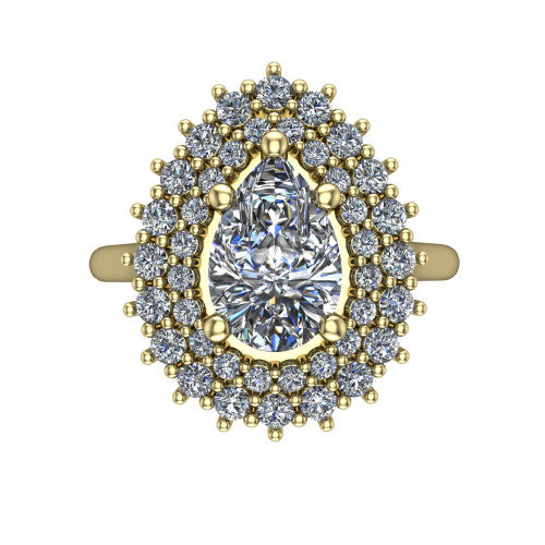 Camila pear halo engagement ring in 14K Yellow Gold with cushion-shaped double halo, top-down view of the cushion-shaped double halo