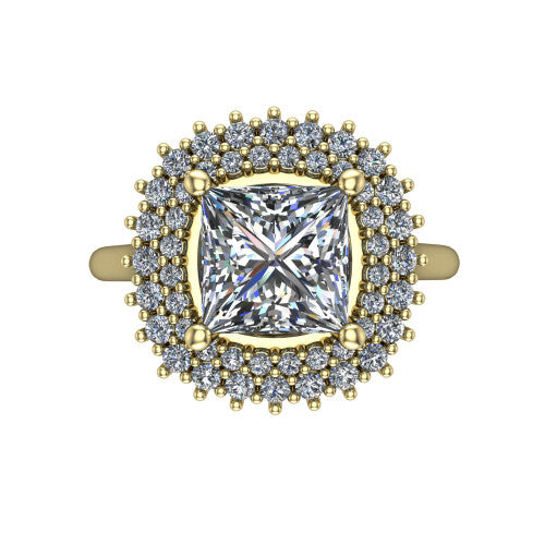 Camila princess halo engagement ring in 18K Yellow Gold with cushion-shaped double halo, top-down view of the cushion-shaped double halo