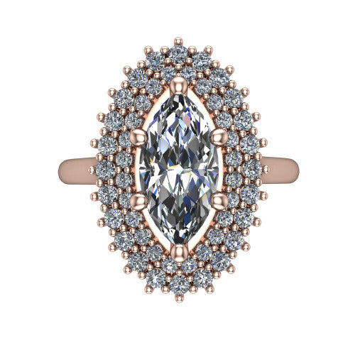 Camila marquise halo engagement ring in 14K Rose Gold with cushion-shaped double halo, top-down view of the cushion-shaped double halo