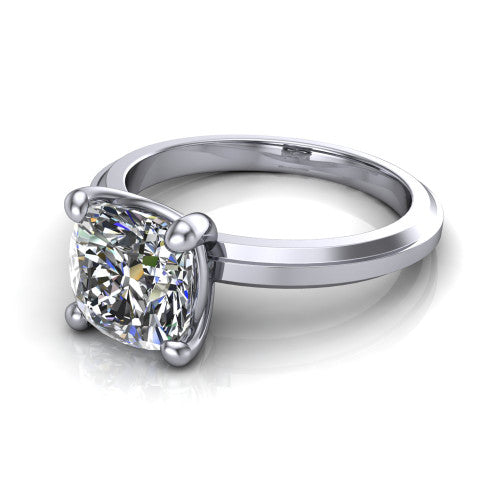 Ellie cushion classic solitaire engagement ring in 14K White Gold, three-quarter perspective showing the cushion center on claw prongs above a wide flat knife-edge band