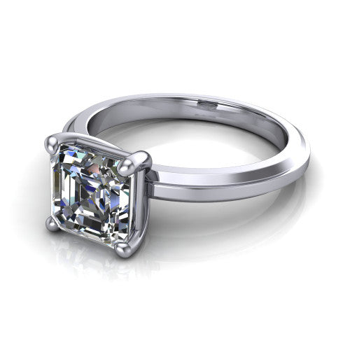 Ellie square emerald classic solitaire engagement ring in 18K White Gold, three-quarter perspective showing the square emerald center on claw prongs above a wide flat knife-edge band