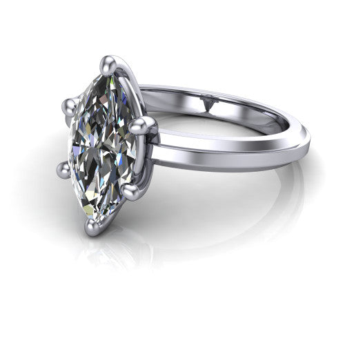 Ellie marquise classic solitaire engagement ring in Platinum, three-quarter perspective showing the marquise center on claw prongs above a wide flat knife-edge band