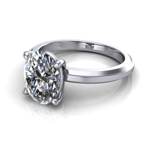 Ellie oval classic solitaire engagement ring in Platinum, three-quarter perspective showing the oval center on claw prongs above a wide flat knife-edge band