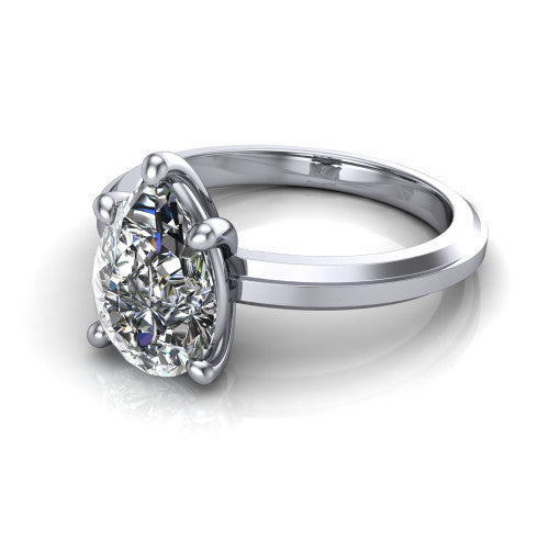 Ellie pear classic solitaire engagement ring in Platinum, three-quarter perspective showing the pear center on claw prongs above a wide flat knife-edge band