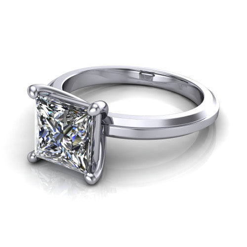 Ellie princess classic solitaire engagement ring in 18K White Gold, three-quarter perspective showing the princess center on claw prongs above a wide flat knife-edge band