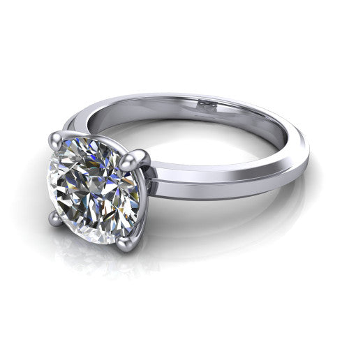 Ellie round classic solitaire engagement ring in 14K White Gold, three-quarter perspective showing the round center on claw prongs above a wide flat knife-edge band
