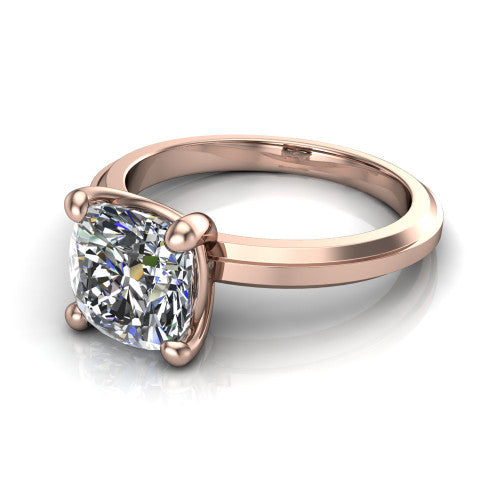 Ellie cushion classic solitaire engagement ring in 18K Rose Gold, three-quarter perspective showing the cushion center on claw prongs above a wide flat knife-edge band