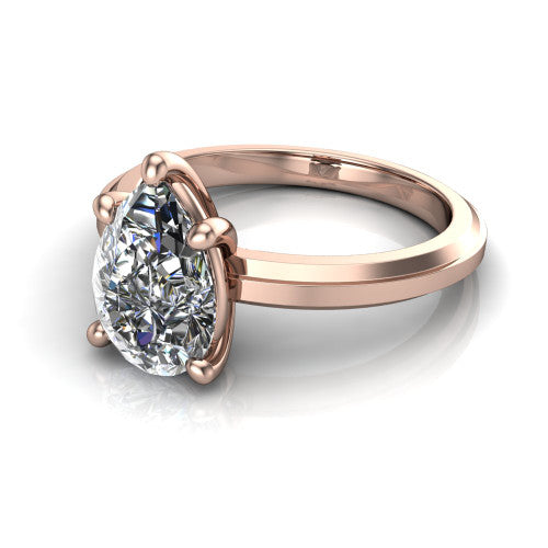 Ellie pear classic solitaire engagement ring in 14K Rose Gold, three-quarter perspective showing the pear center on claw prongs above a wide flat knife-edge band