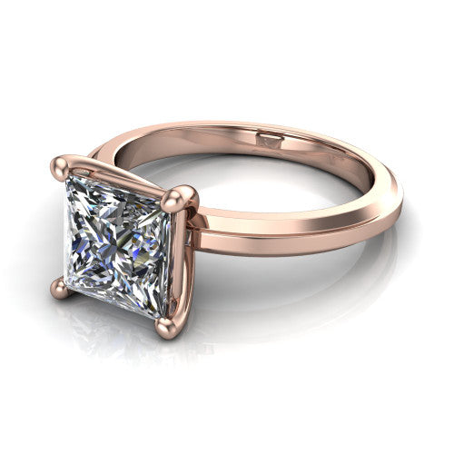 Ellie princess classic solitaire engagement ring in 14K Rose Gold, three-quarter perspective showing the princess center on claw prongs above a wide flat knife-edge band