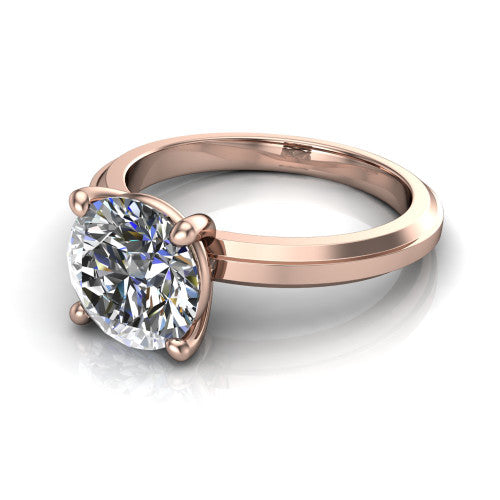 Ellie round classic solitaire engagement ring in 14K Rose Gold, three-quarter perspective showing the round center on claw prongs above a wide flat knife-edge band