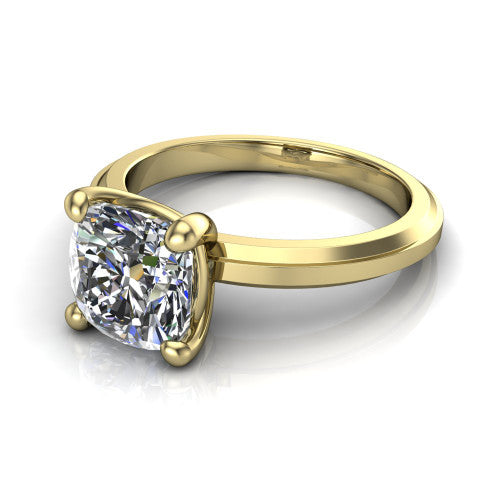 Ellie cushion classic solitaire engagement ring in 14K Yellow Gold, three-quarter perspective showing the cushion center on claw prongs above a wide flat knife-edge band