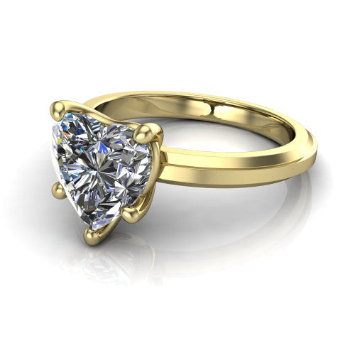 Ellie heart classic solitaire engagement ring in 14K Yellow Gold, three-quarter perspective showing the heart center on claw prongs above a wide flat knife-edge band