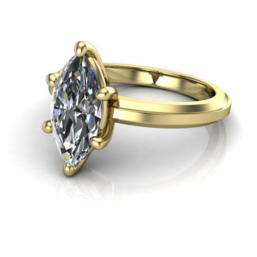 Ellie marquise classic solitaire engagement ring in 14K Yellow Gold, three-quarter perspective showing the marquise center on claw prongs above a wide flat knife-edge band