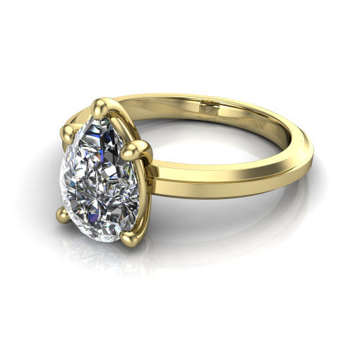 Ellie pear classic solitaire engagement ring in 18K Yellow Gold, three-quarter perspective showing the pear center on claw prongs above a wide flat knife-edge band