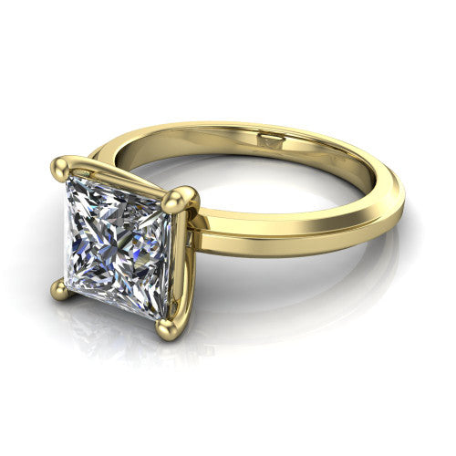 Ellie princess classic solitaire engagement ring in 18K Yellow Gold, three-quarter perspective showing the princess center on claw prongs above a wide flat knife-edge band