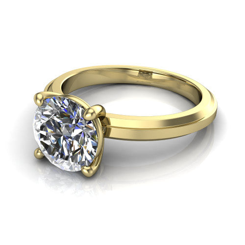 Ellie round classic solitaire engagement ring in 14K Yellow Gold, three-quarter perspective showing the round center on claw prongs above a wide flat knife-edge band