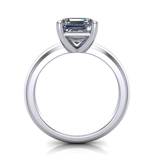 Ellie square emerald classic solitaire engagement ring in 14K White Gold, through-finger front profile showing the square emerald center raised above the wide knife-edge band