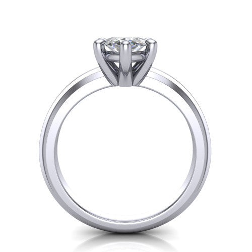 Ellie marquise classic solitaire engagement ring in Platinum, through-finger front profile showing the marquise center raised above the wide knife-edge band