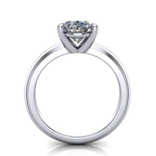 Ellie oval classic solitaire engagement ring in 14K White Gold, through-finger front profile showing the oval center raised above the wide knife-edge band